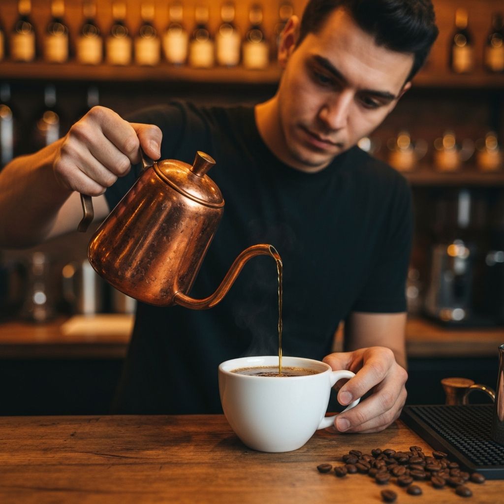 Barista crafting coffee at The Amber Owl Coffeehouse